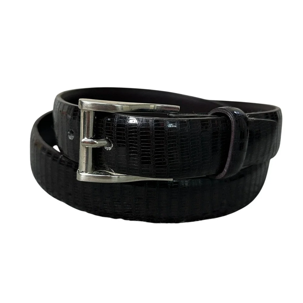 Mens Brown Lizard Embossed Genuine Leather Belt Size 34 Silver Buckle Dress Belt